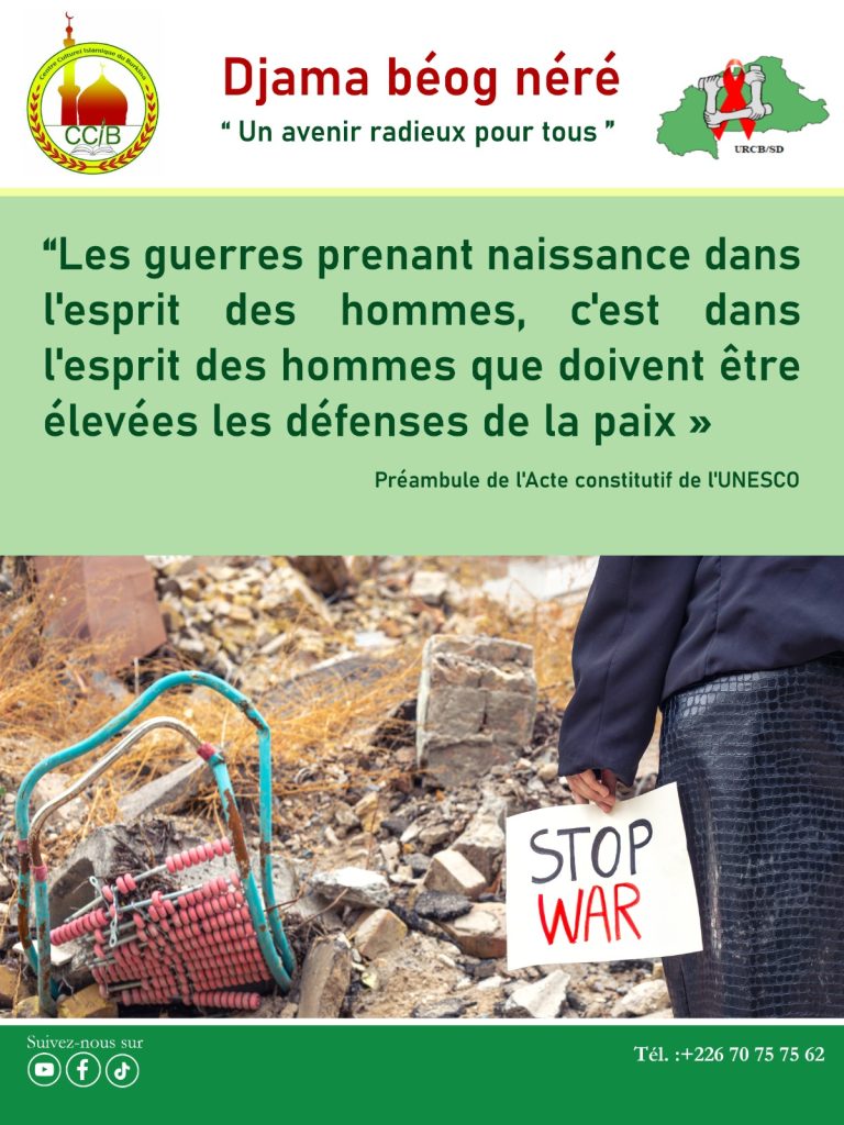 L'image rappelle que c'est dans l'esprit des Hommes que prennent naissance l'idée de guerre et par conséquent c'est dans ces mêmes esprits que doivent germer les défenses de la paix. Car la paix demeure un comportement qui incombe à tout.e.s
"Djama Béog Néré, un avenir radieux pour tous!"